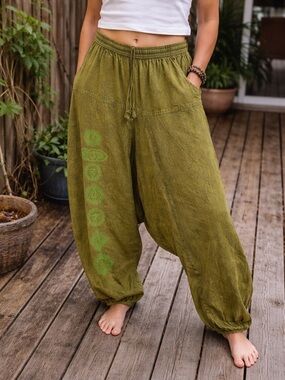 Nepal Harem Pants Chakra Print Olive Green Cotton Boho Festival Unisex